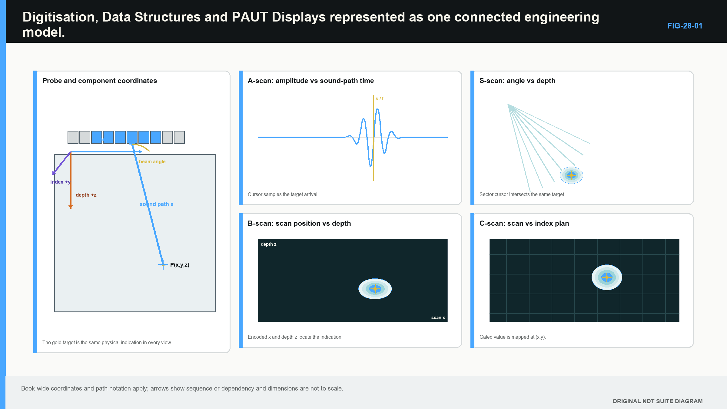 Figure 28.1 · Common PAUT presentations traced back to laws, A-scans and encoded coordinates.